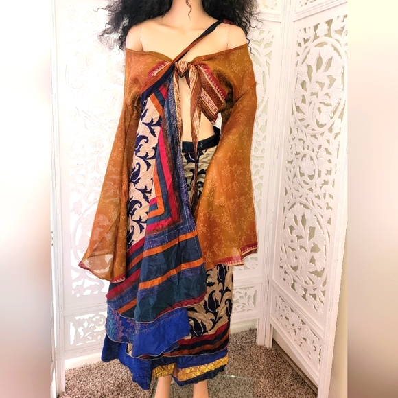 Exotic Boho Silk Blue Multicolor Reversible Wrap Skirt - Picture 9 of 12